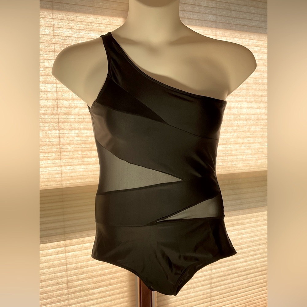 Black One Piece Bathing Suit Peek-a-Boo Mesh inserts One Crossbody Strap NWOT